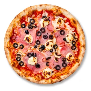 Пица Реджина с доматен сос, моцарела, прошуто кото, топено сирене и маслини.
